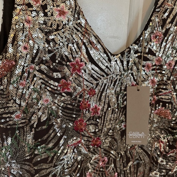 NWT Carla Conti Evening Party Dress Embroidered Flowers Brown Size Made In Italy - Picture 3 of 10